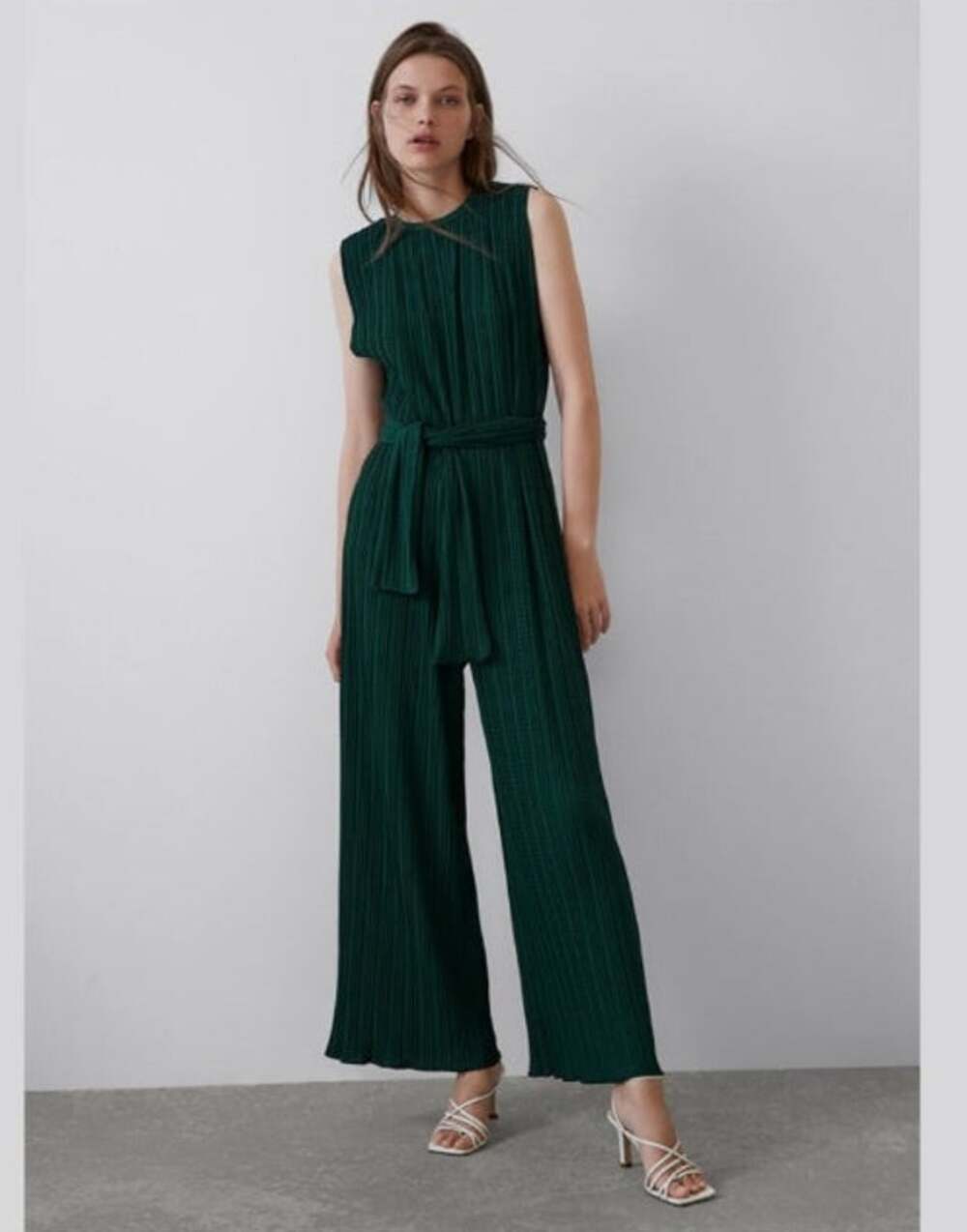 New NWT Zara Dark Green Moss Ribbed Textured Sleeveless Jumpsuit Size Large